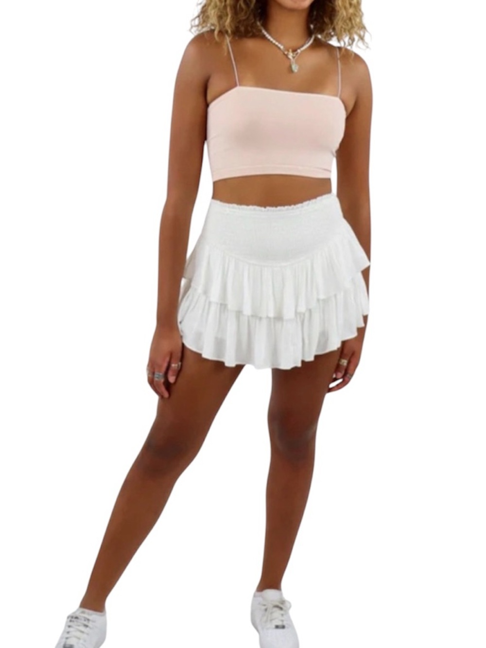 Rock N Rags White Ruffle Mini Skirt Smocked Waist Boho Coquette Festival Skirt M